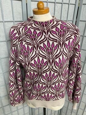 Anthropologie Cream, Brown & Pink Botanical Jacquard Crewneck Sweater